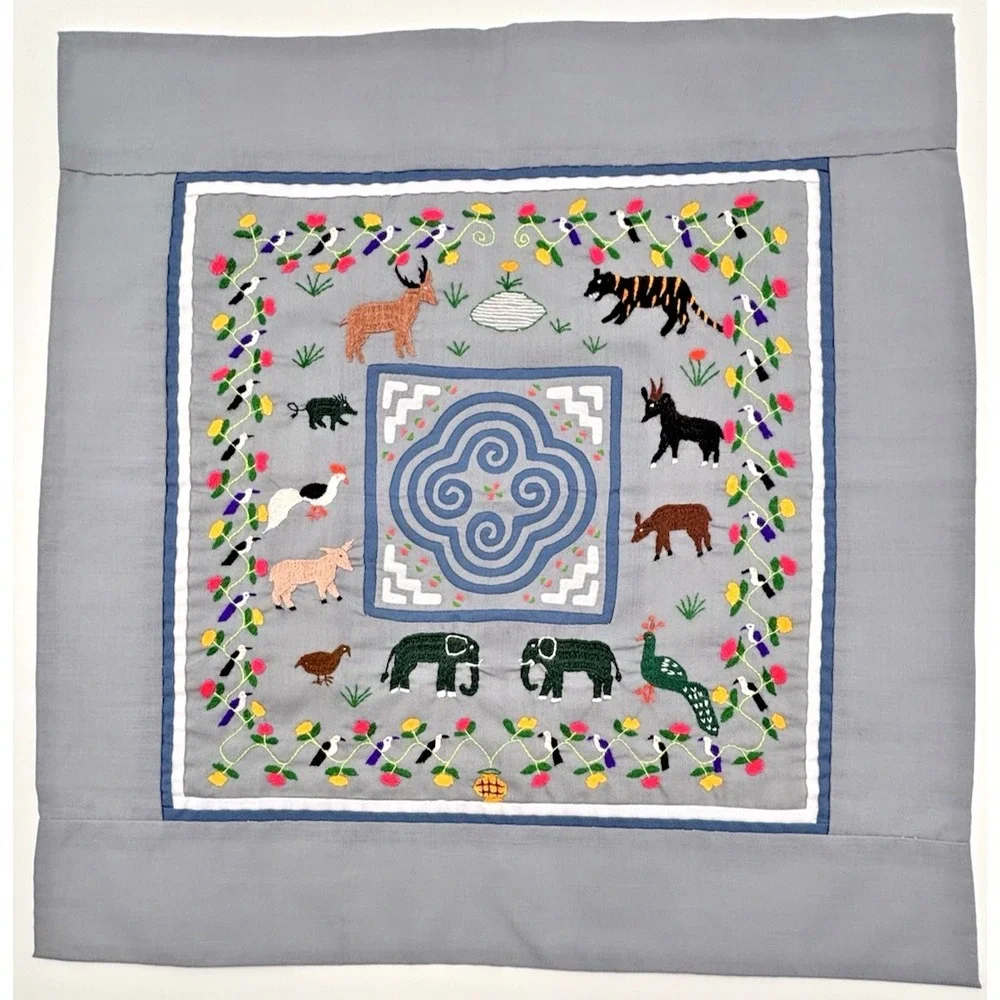 Vintage Hmong Hand Embroidered Story Cloth Tapestry Matching Set of 2 17.5x17.5